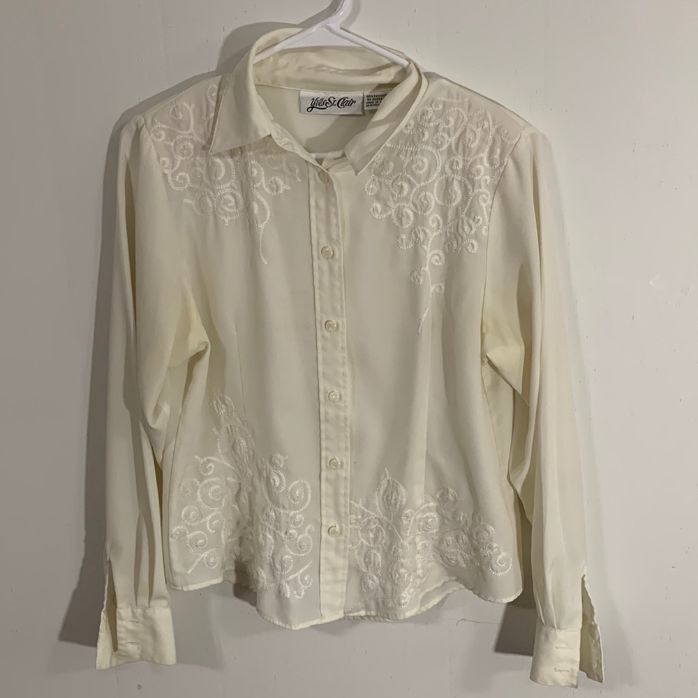 Yves St Clair polyester blouse beautiful embroidery Size 10 two small spots